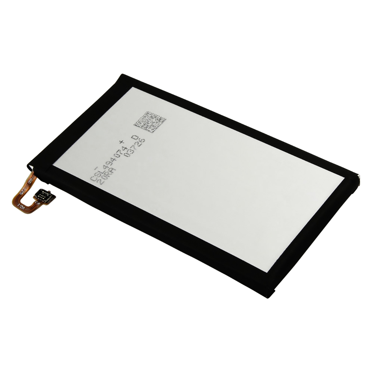 Una batteria piatta per smartphone con bordo nero e centro bianco.