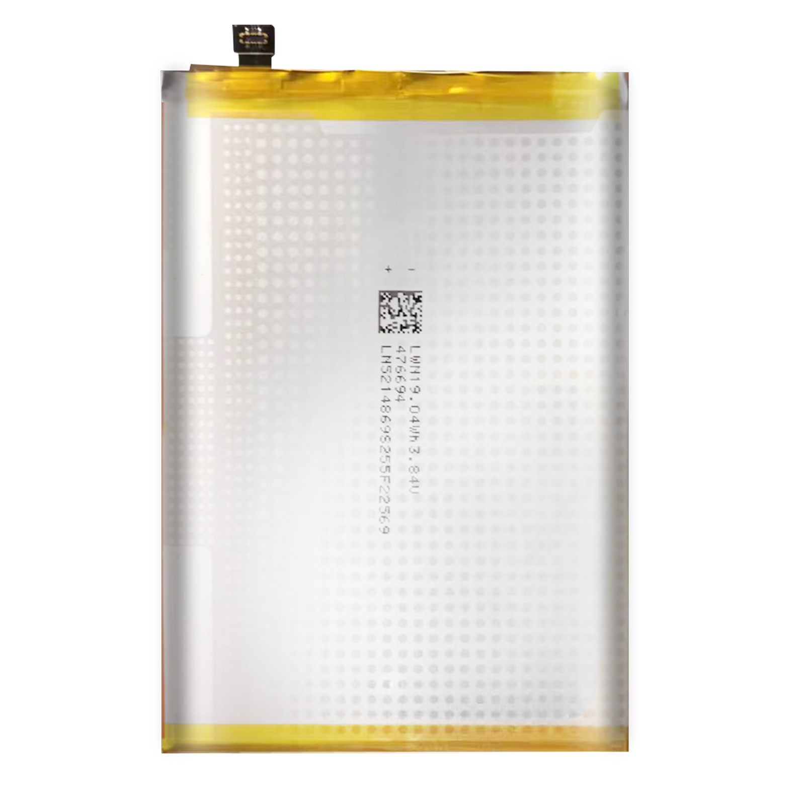 Una batteria rettangolare con bordo giallo e cavo connettore.