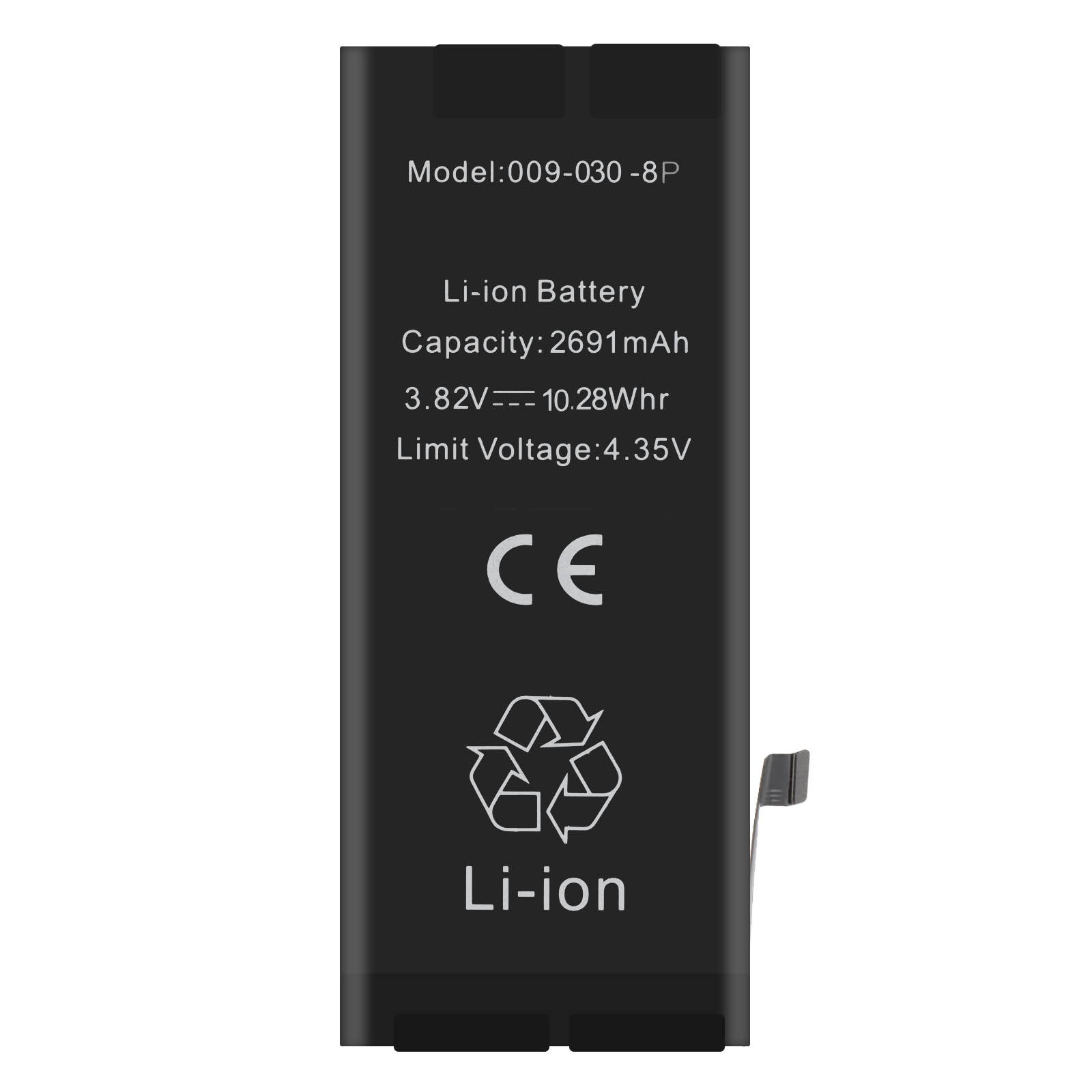 Batteria Li-ion nera, modello 009-030-8P, 2691mAh, 3.82V, marchio CE.