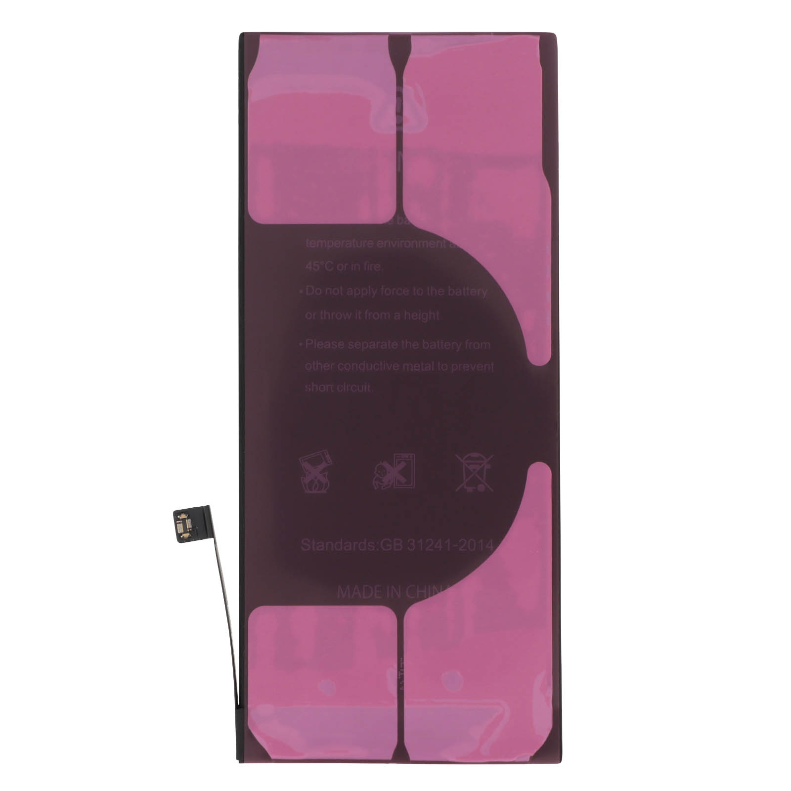 Una batteria scura con strisce adesive rosa, che mostra avvertenze e paese di origine.