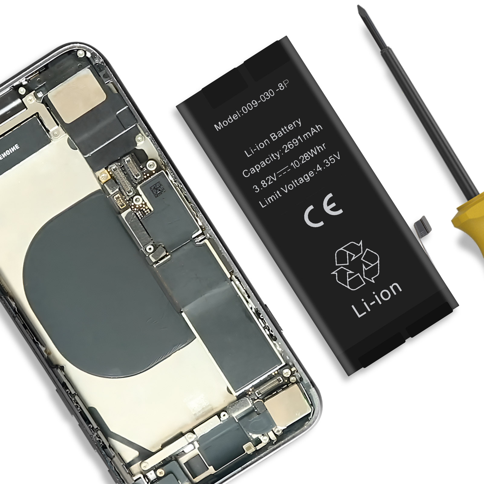 Interno di smartphone con batteria Li-ion e cacciavite accanto.
