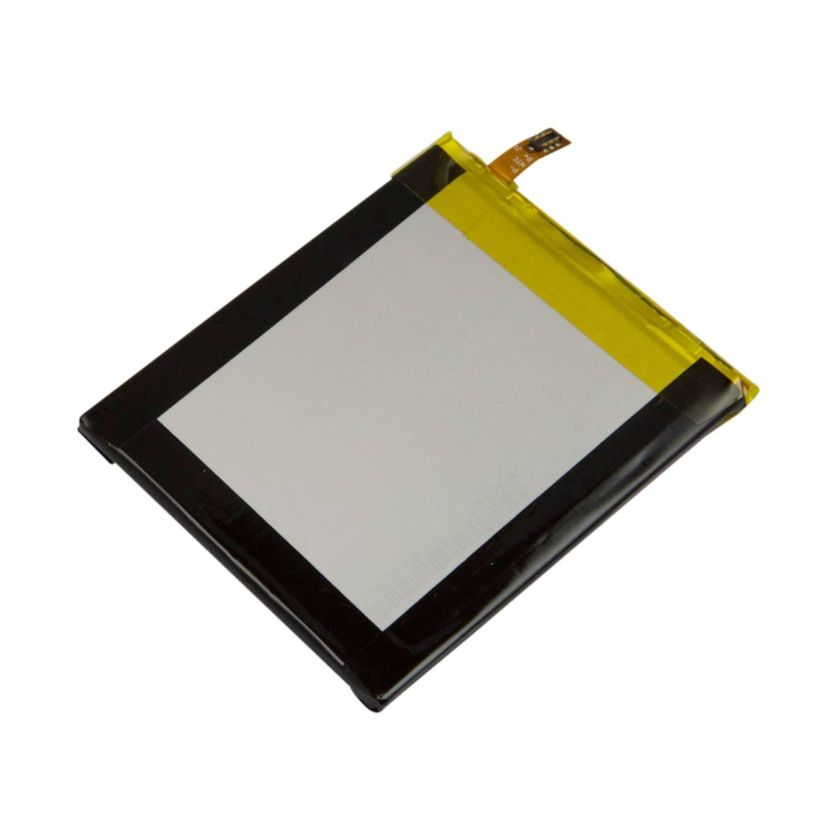 Una batteria rettangolare con centro bianco e bordo nero, con nastro giallo.