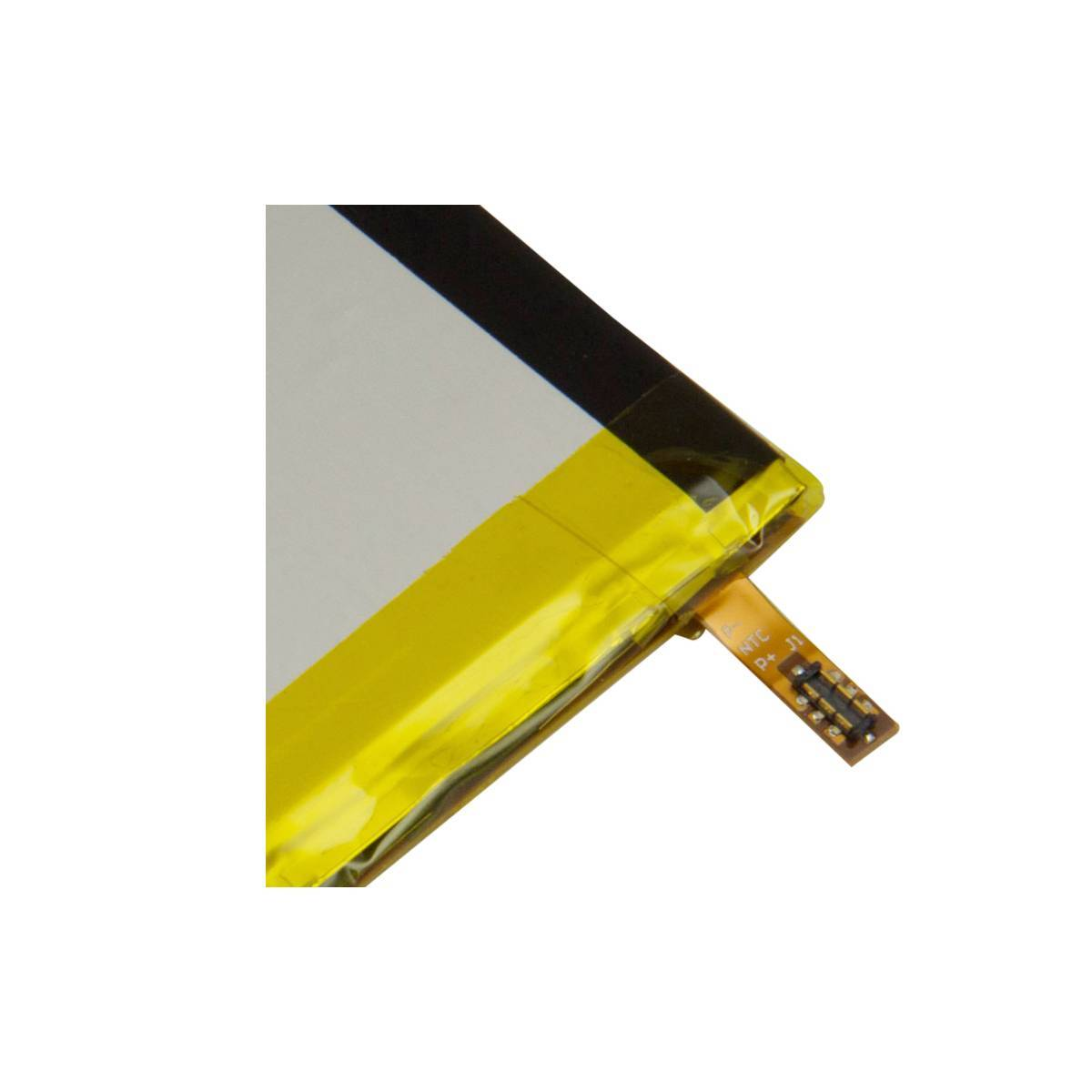 Primo piano di una sottile batteria con nastro giallo e nero e un piccolo connettore.
