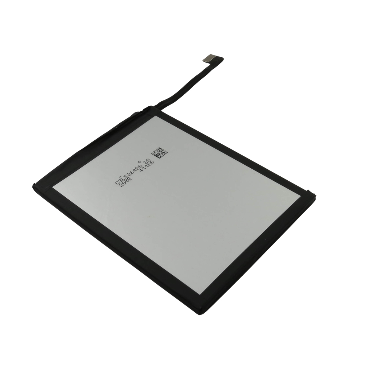 Una batteria rettangolare agli ioni di litio con cornice nera e superficie anteriore bianca.