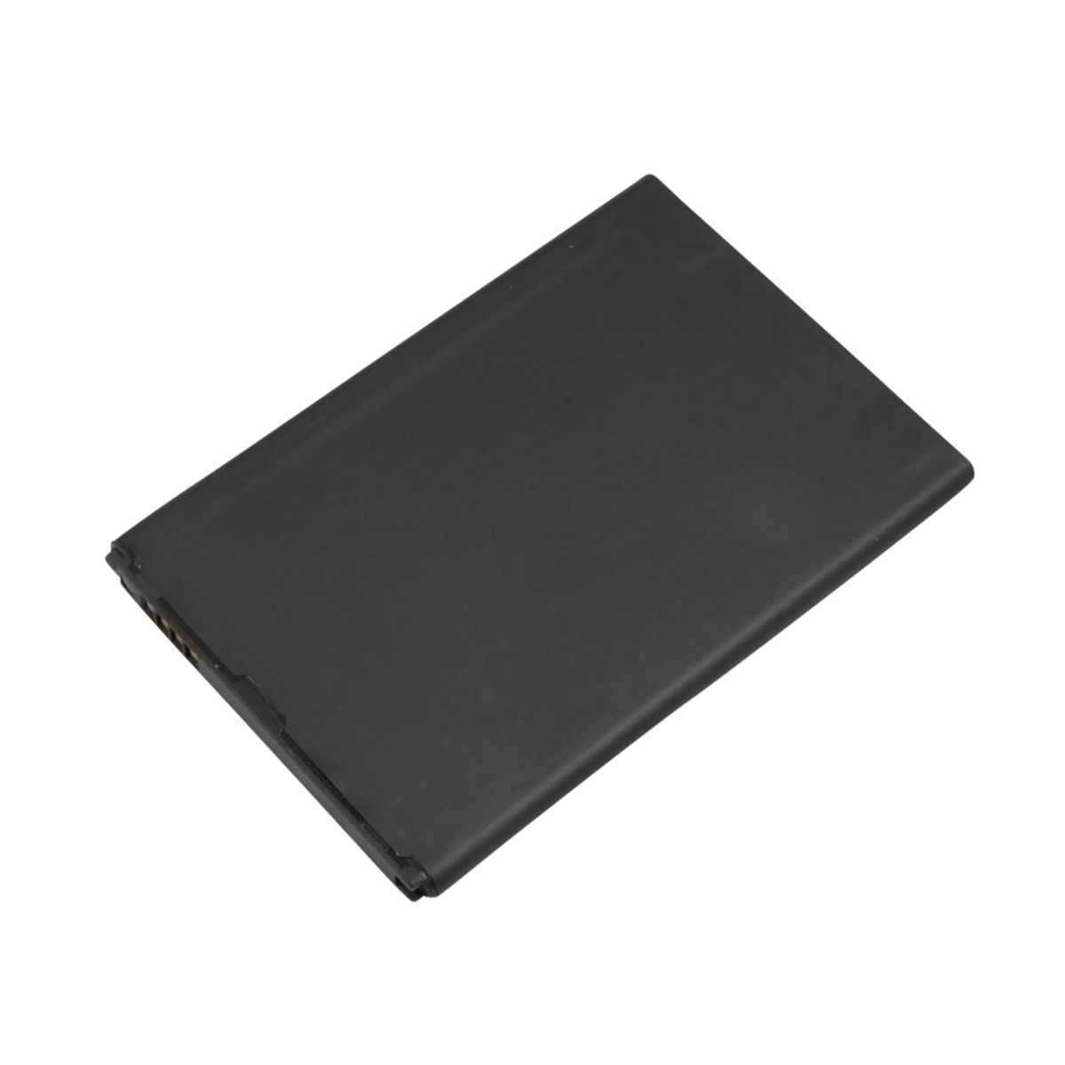 Una batteria rettangolare nera con contatti dorati in basso a sinistra.