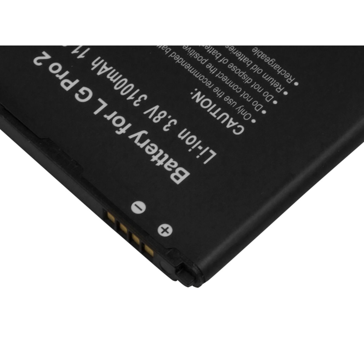 Batteria nera per LG Pro 2, Li-ion 3,8V 3100mAh con testo di avvertenza.