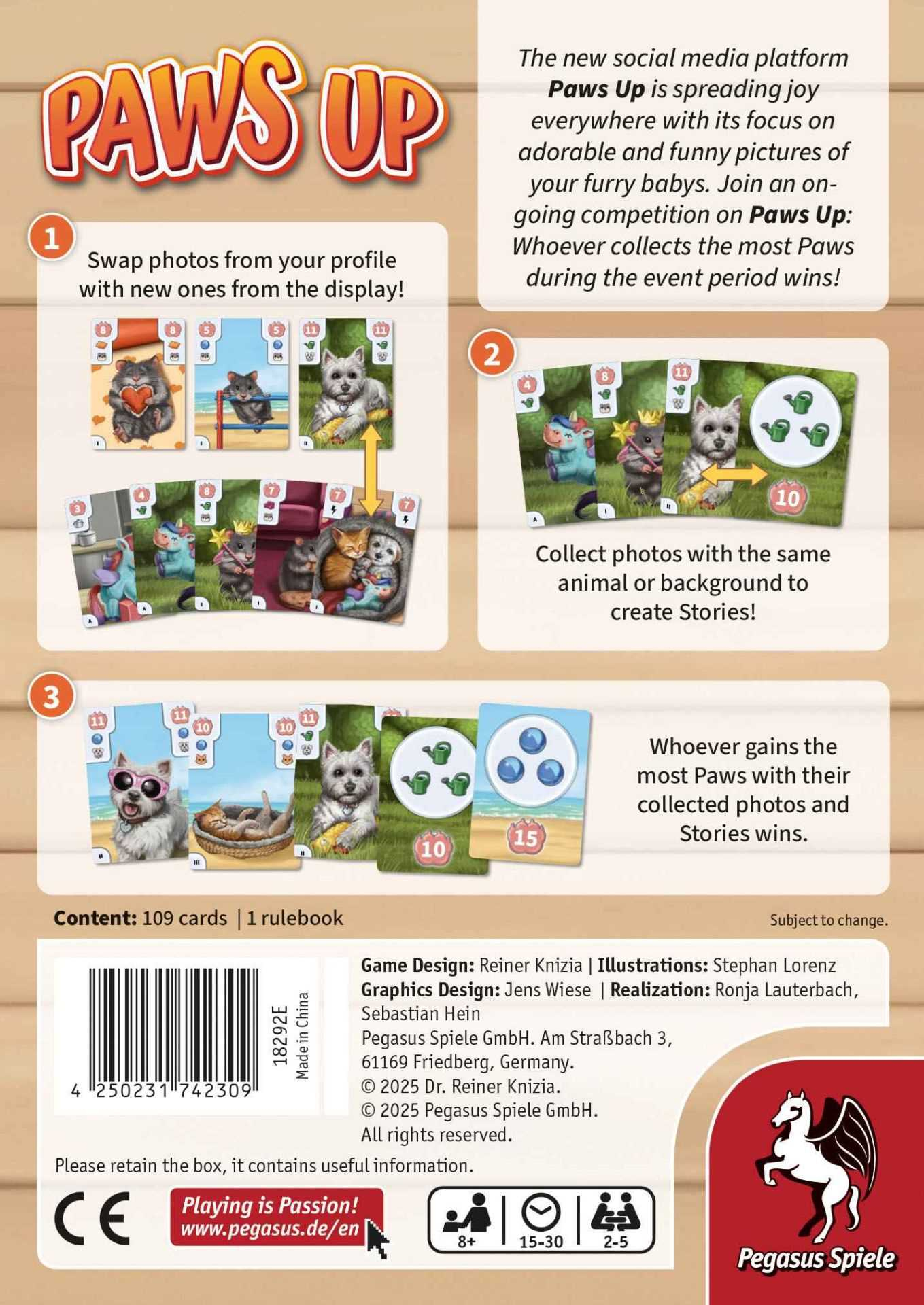 Spiel "Paws Up" mit Karten von niedlichen Tieren und Spielanleitungen.