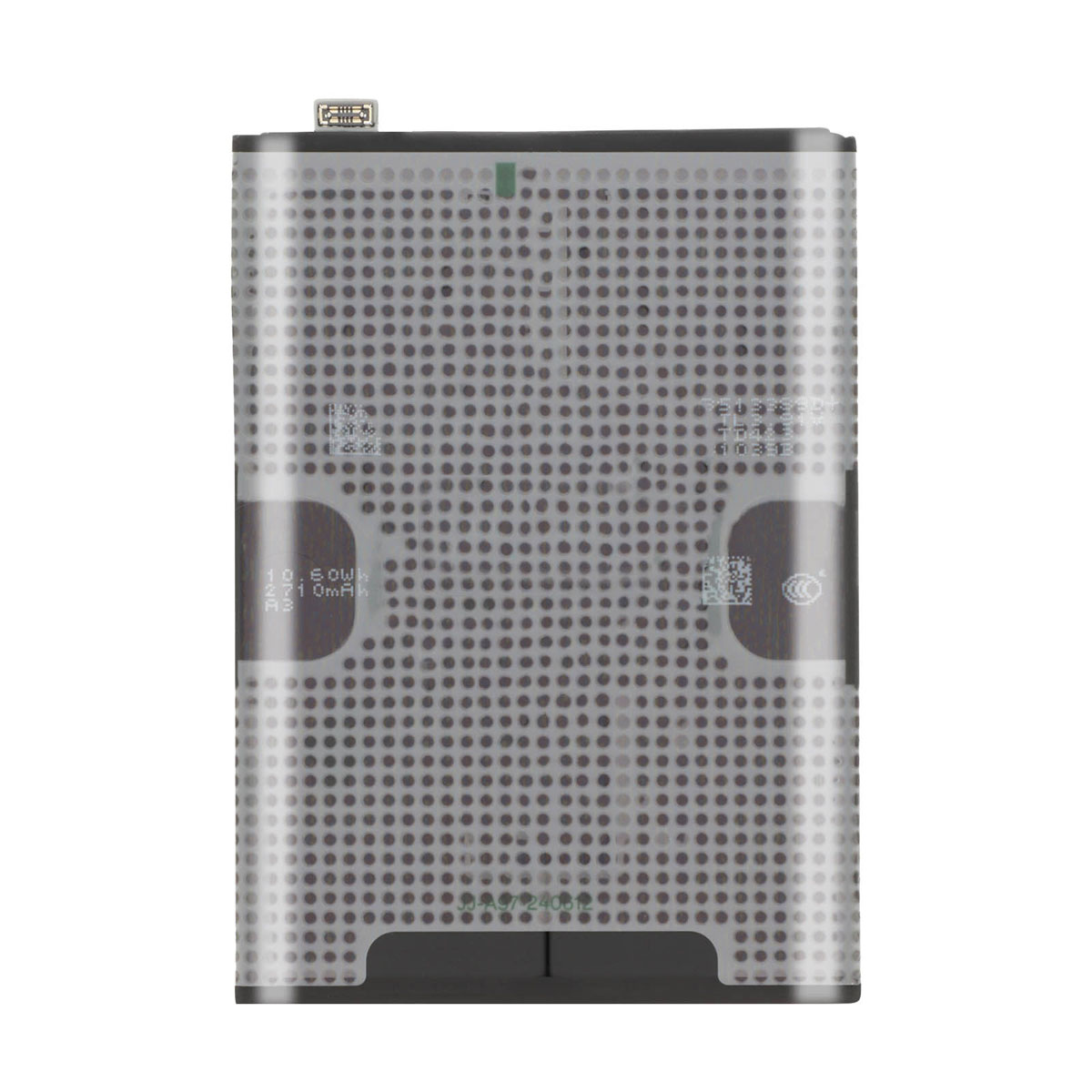 Batteria grigia con motivo traforato ed etichetta 10,50Wh.