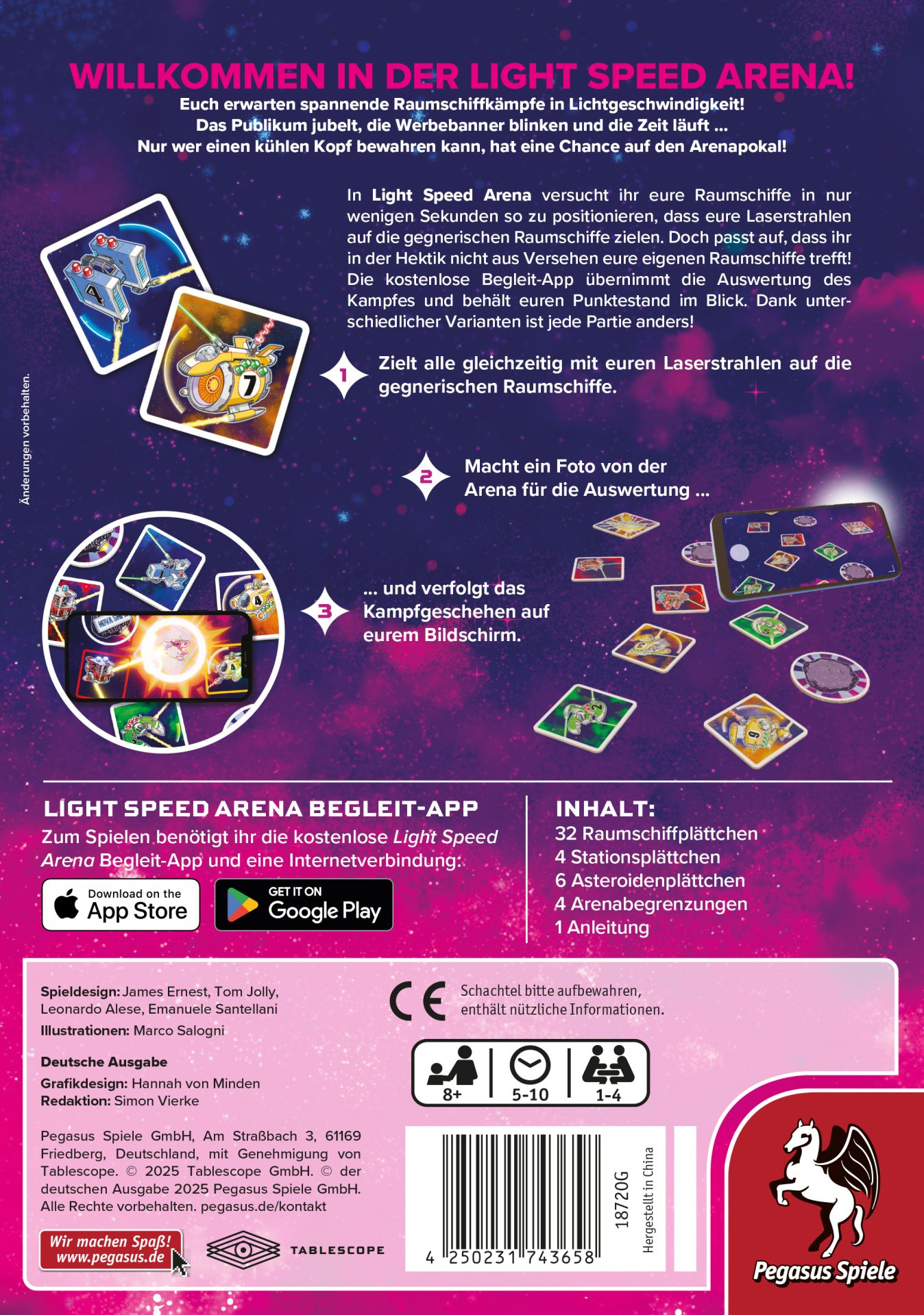 Scatola del gioco con grafica colorata e passaggi di istruzioni per un gioco di astronavi.