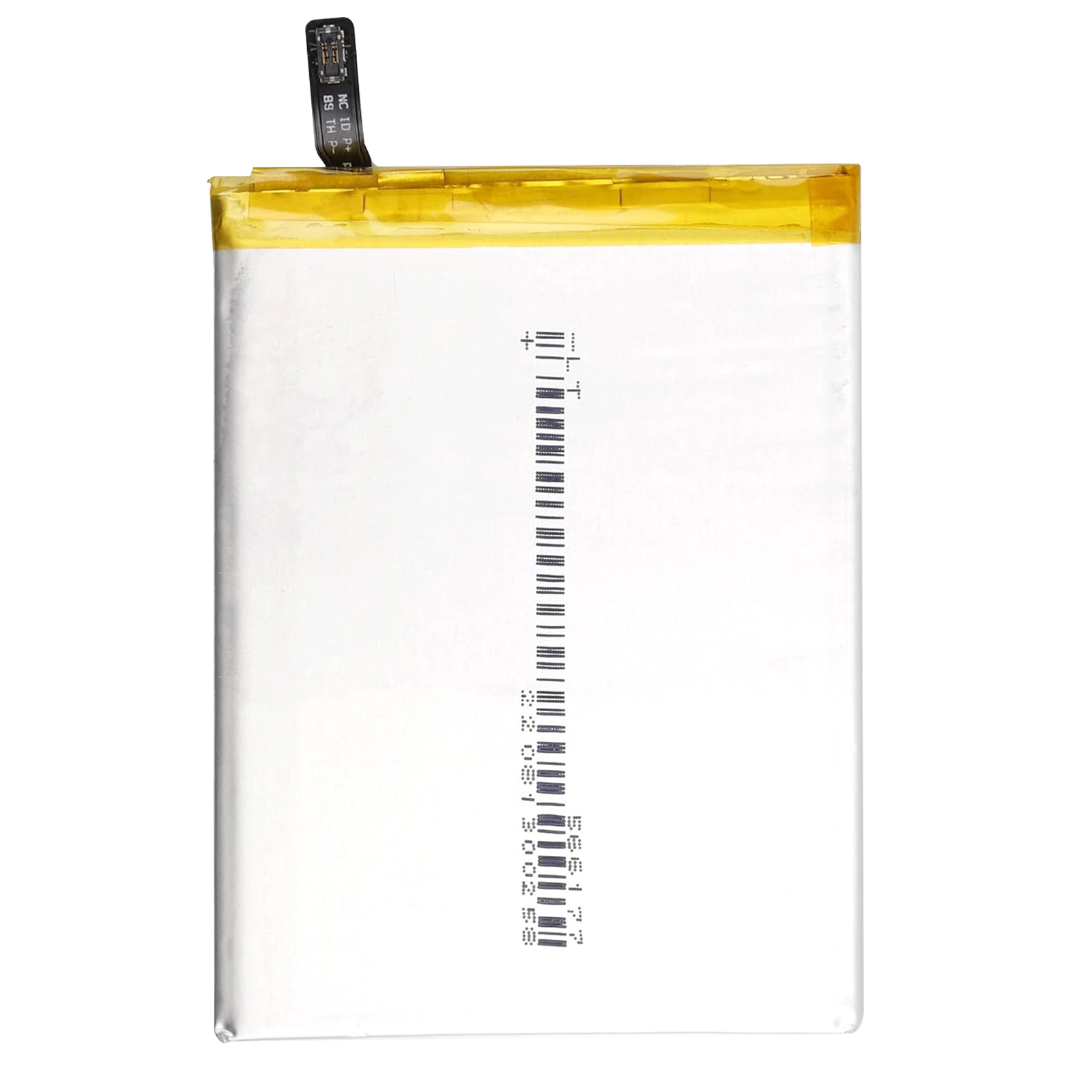 Una batteria bianca con nastro giallo e un cavo connettore nero con testo.
