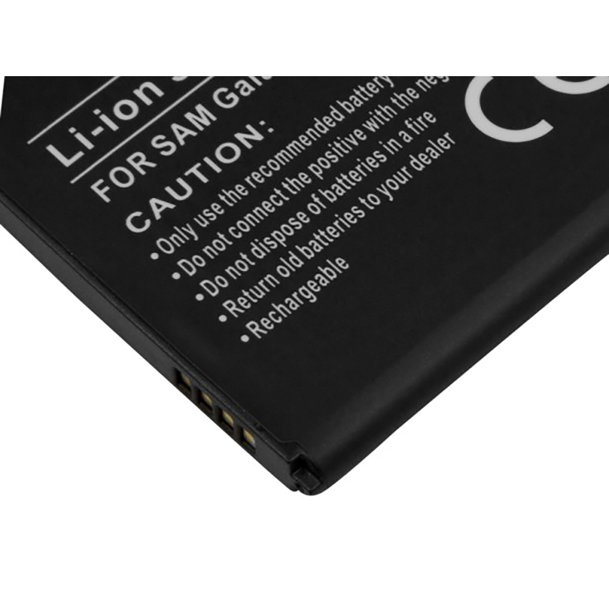 Batteria Li-ion nera per Samsung con testo di avvertenza.