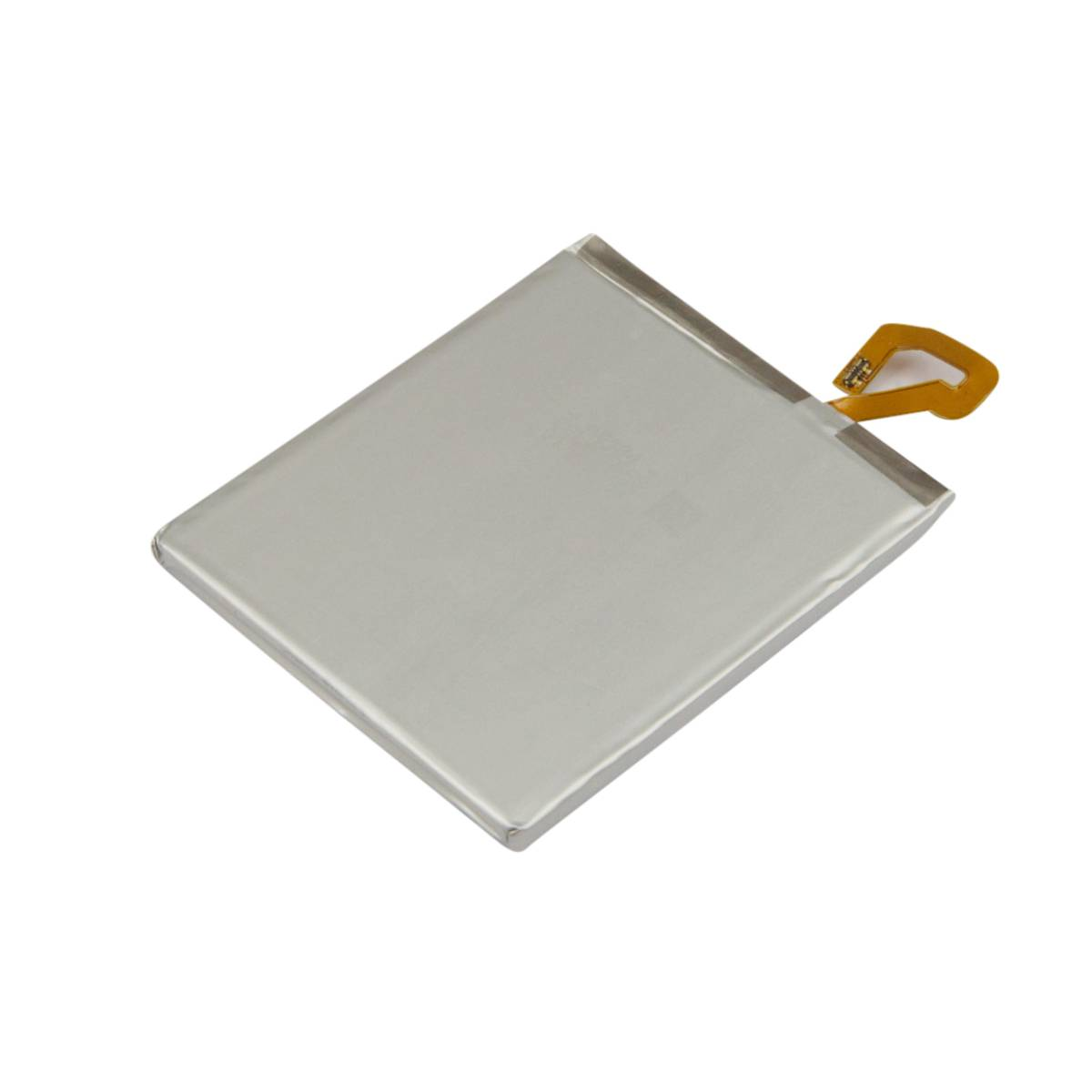 Una batería gris plana y rectangular con un pequeño cable conector amarillo.