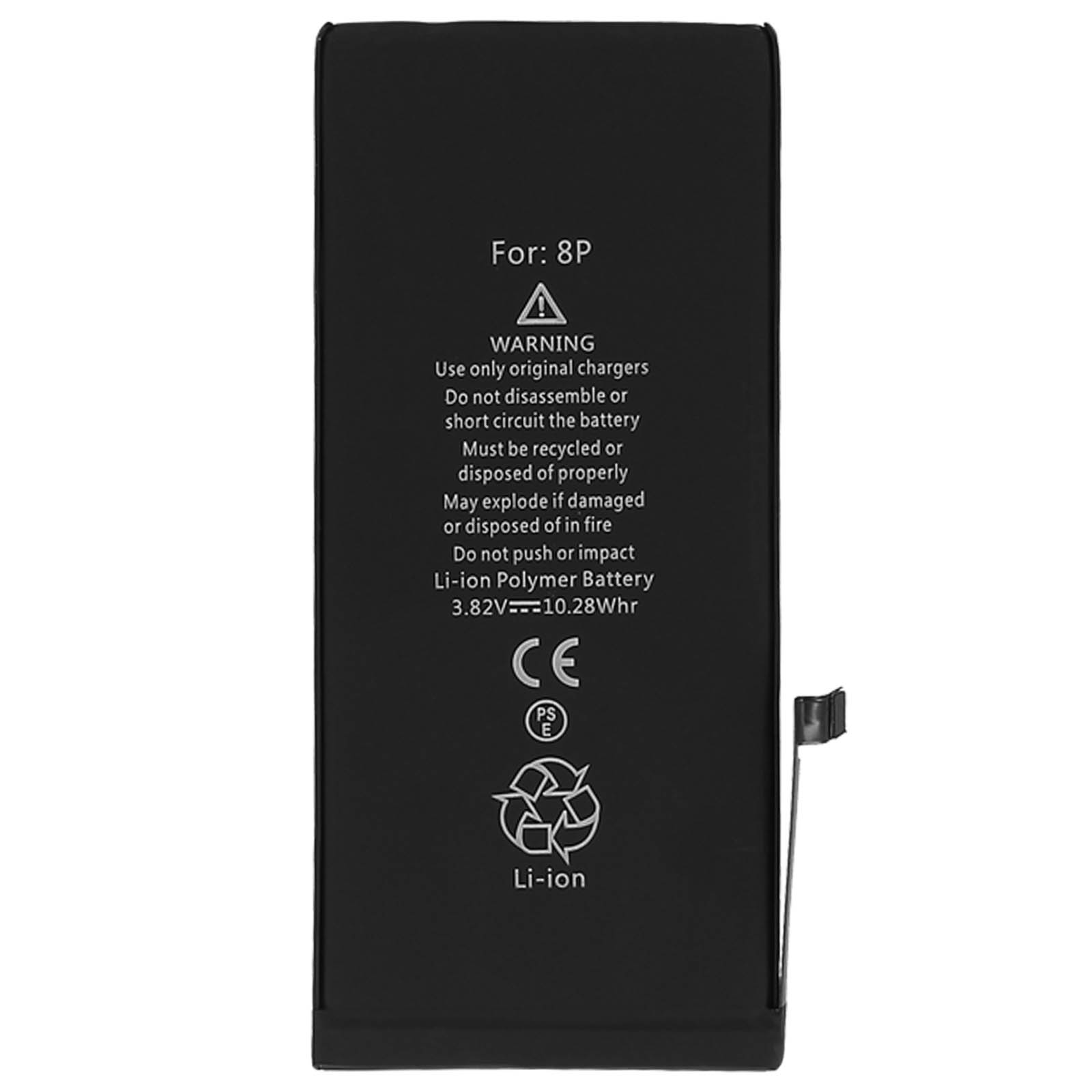 Batteria nera per 8P, Li-ion Polimero, 3.82V, 10.28Whr, con avvertenze.