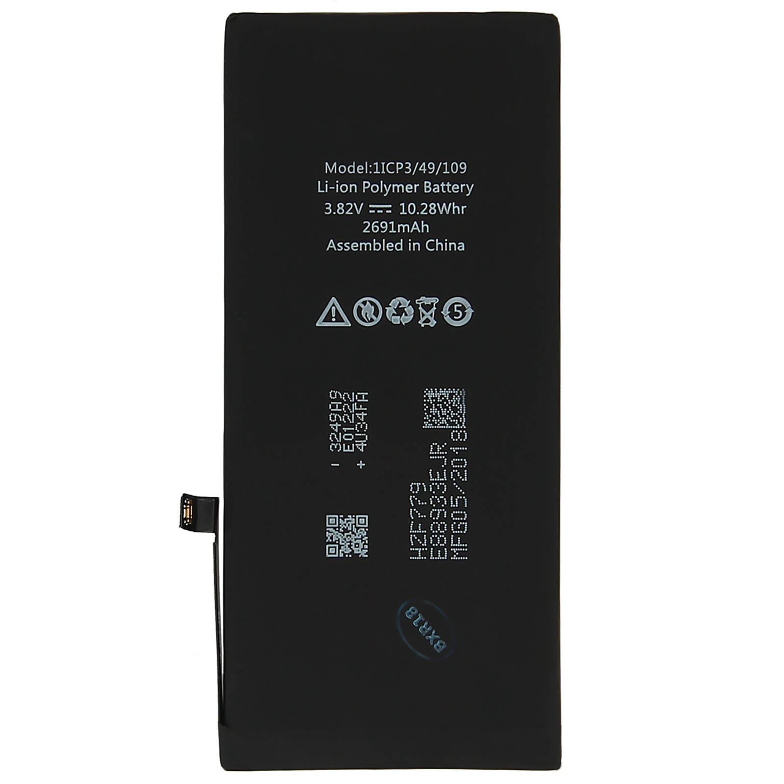 Batteria nera agli ioni di litio con dettagli e simboli.