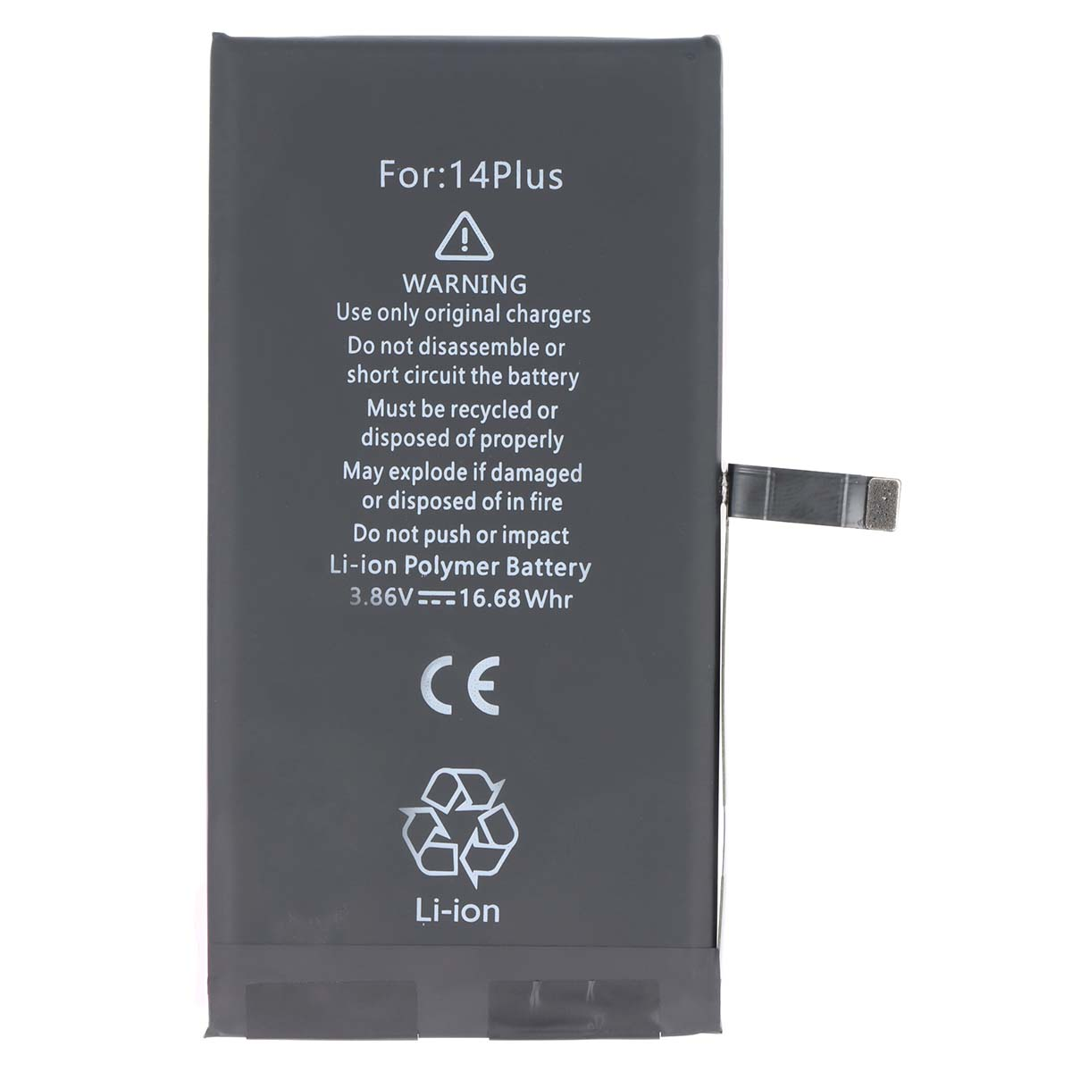 Schwarzer Akku für iPhone 14 Plus mit Warnhinweisen und CE-Zeichen.