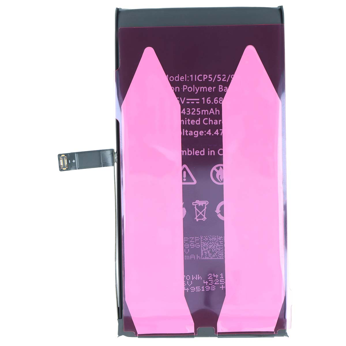 Ein Akku für ein Handy mit pinkem Klebeband. Modell: 1ICP5/52/9, 4325mAh, 16,68V.