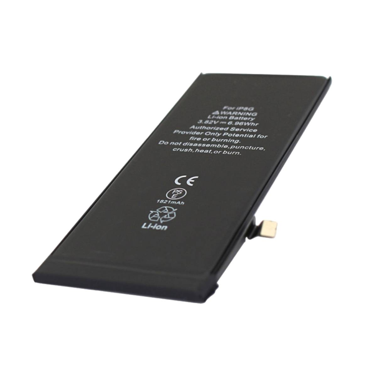 Batteria Li-ion nera con avvisi testuali e simboli. Capacità 1821mAh.