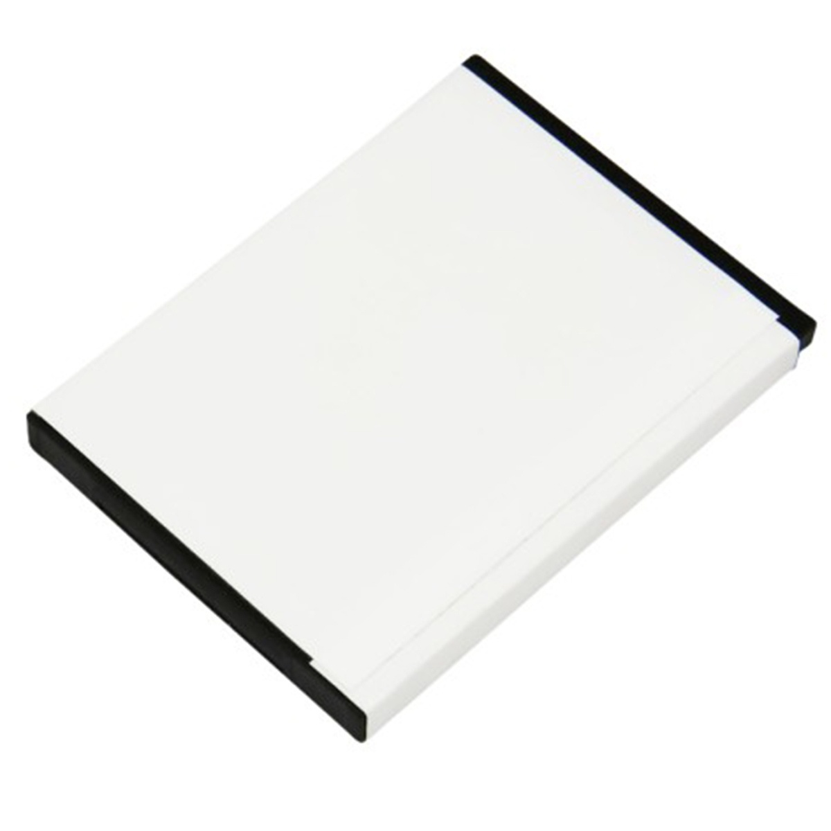 Una batería rectangular blanca con borde negro sobre fondo blanco.