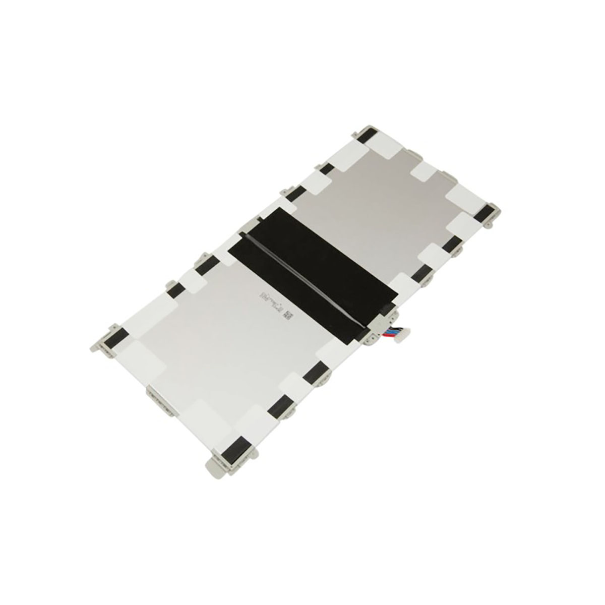 Batteria rettangolare piatta con strisce adesive bianche e nere e connettori cavi.