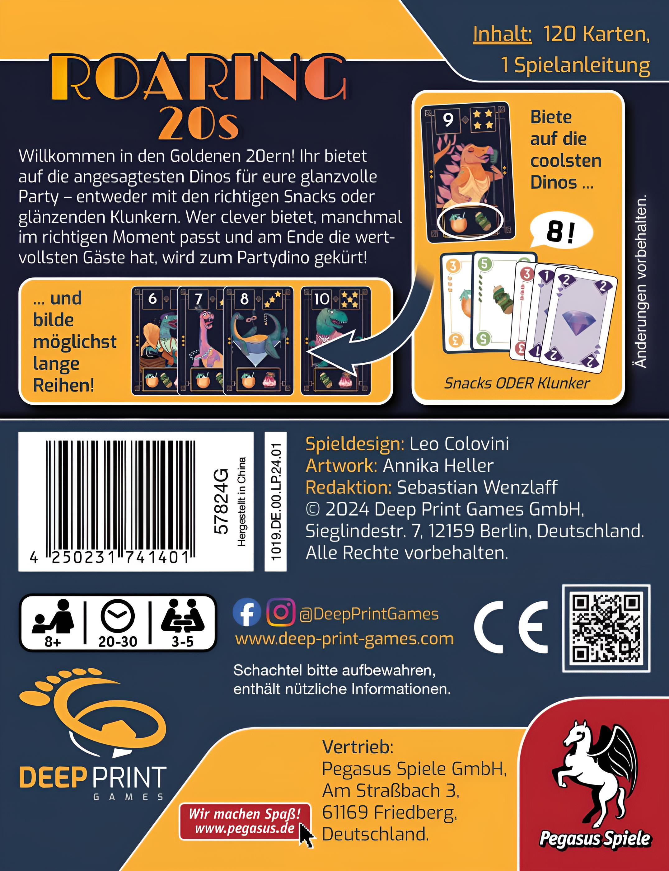 Jeu "Roaring 20s" avec dinosaures, cartes, livret. Contient 120 cartes.