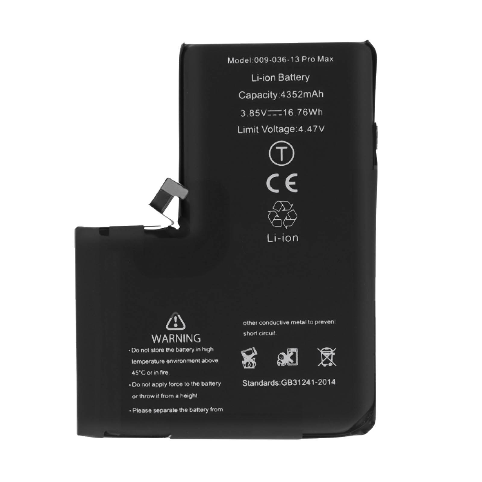 Batteria nera Li-ion per Pro Max con simboli di avvertenza e dati tecnici.