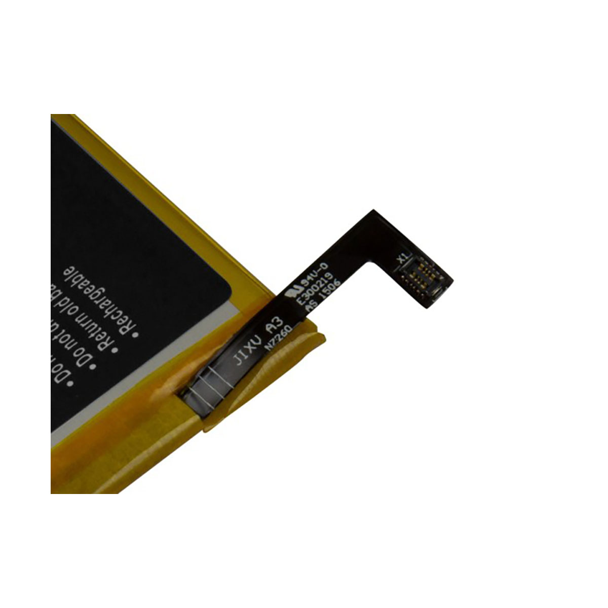 Un paquete de batería amarillo con cable plano negro y texto.