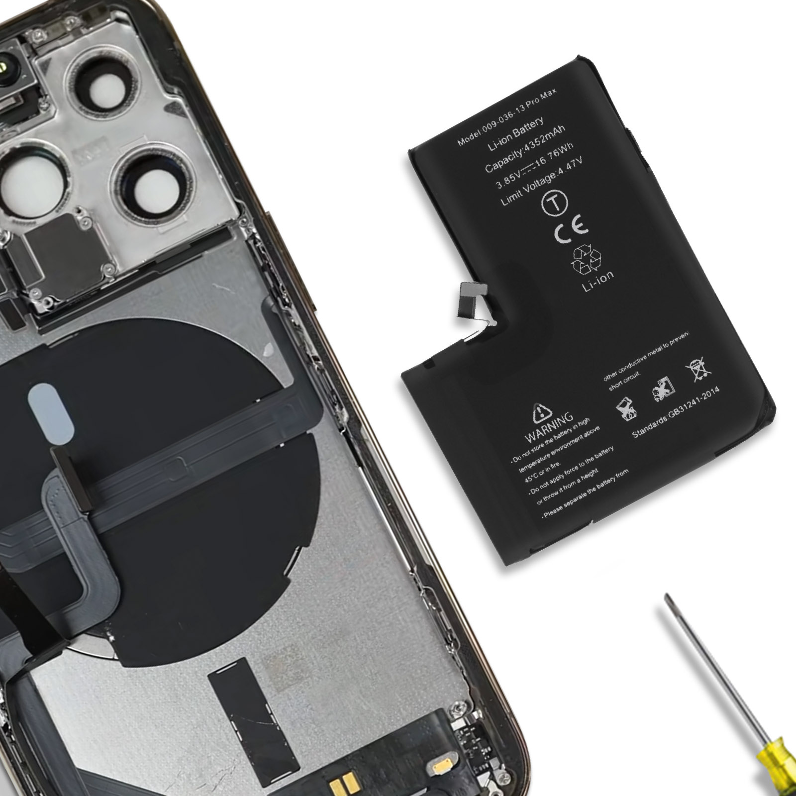Un telefono smontato con la batteria rimossa e un cacciavite nelle vicinanze.