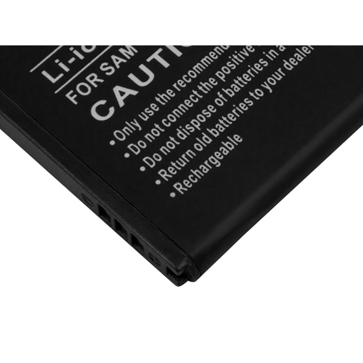 Batteria agli ioni di litio nera con avvertenze e istruzioni in testo bianco.