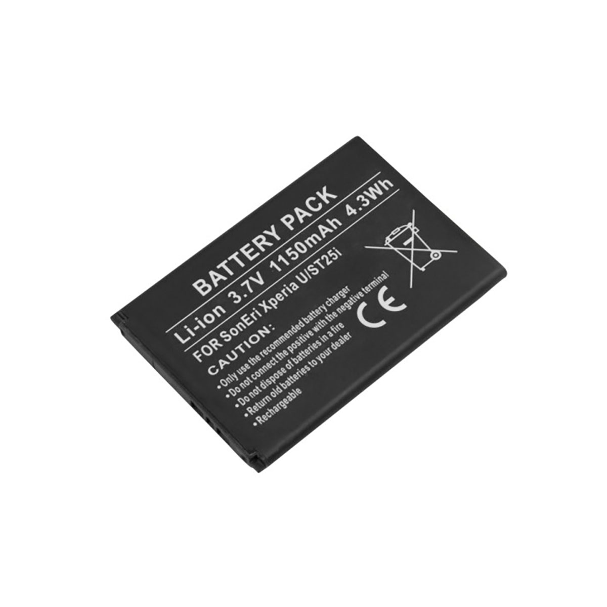 Batteria nera con etichetta 'BATTERY PACK', Li-ion 3.7V 1150mAh.