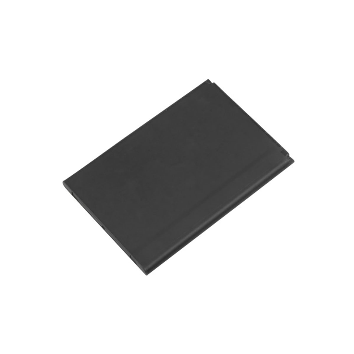 Un oggetto nero, piatto e rettangolare su sfondo bianco.