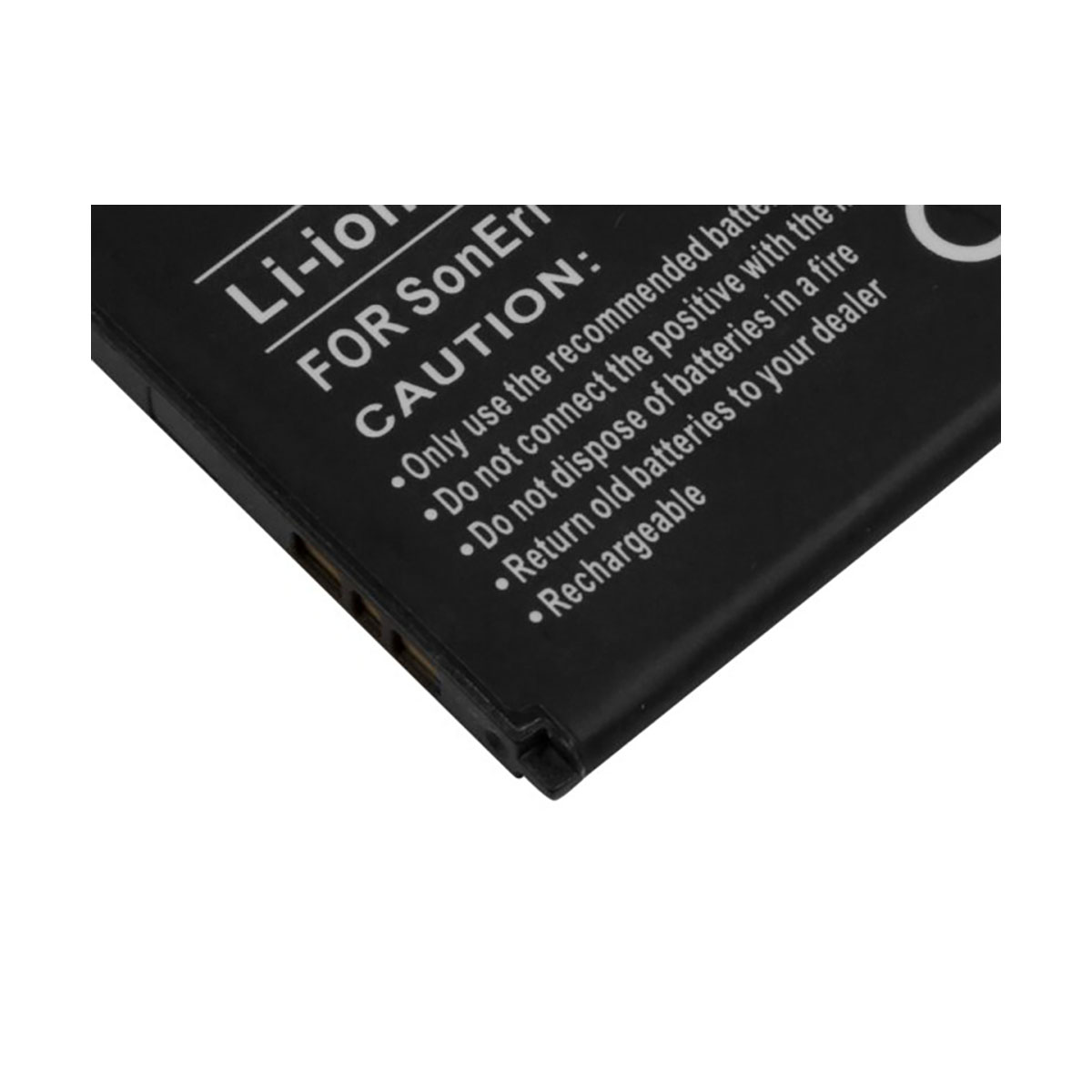 Batteria Li-ion nera con testo di avvertenza bianco e simboli.
