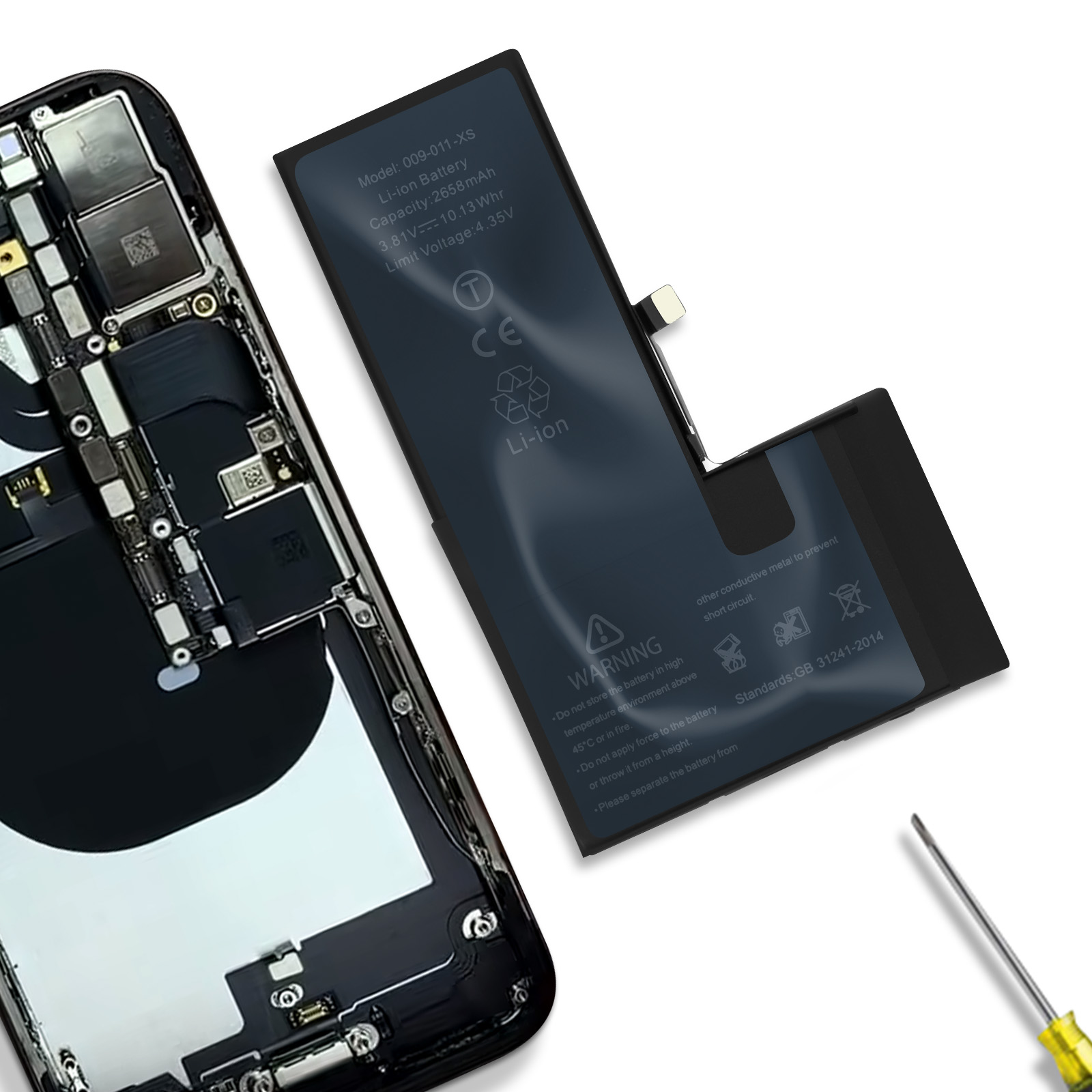 Interni di smartphone con batteria Li-ion rimossa e attrezzi.