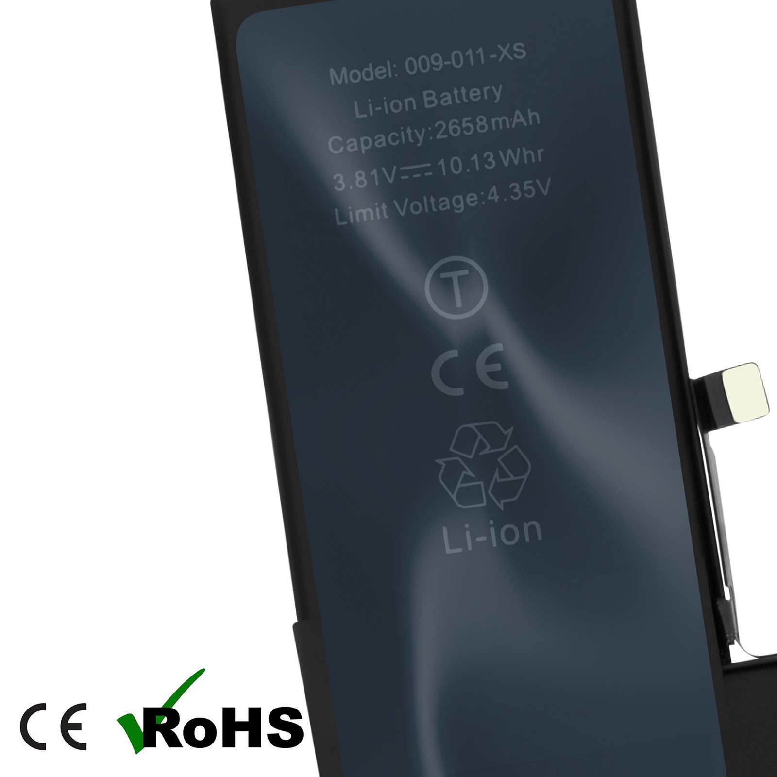 Un pacco batteria Li-ion grigio scuro con dettagli di modello, capacità e voltaggio stampati.