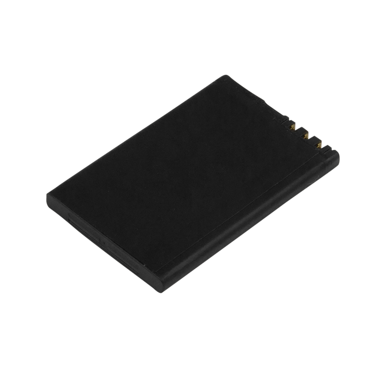 Batteria nera con contatti dorati su sfondo bianco.