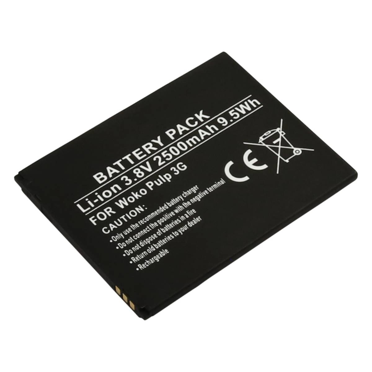 Batteria nera per Woko Pulp 3G, 3,8V, 2500mAh, 9,5Wh, con marchio CE.