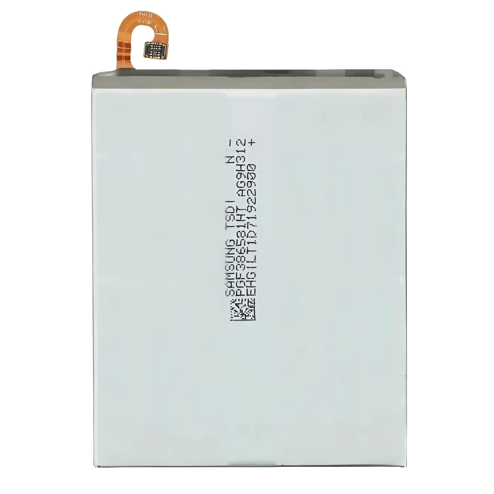 Una batteria bianca con un cavo di collegamento flessibile e scritte nere.