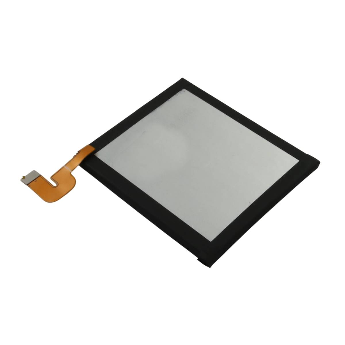 Batteria rettangolare nera con centro argentato e cavo.