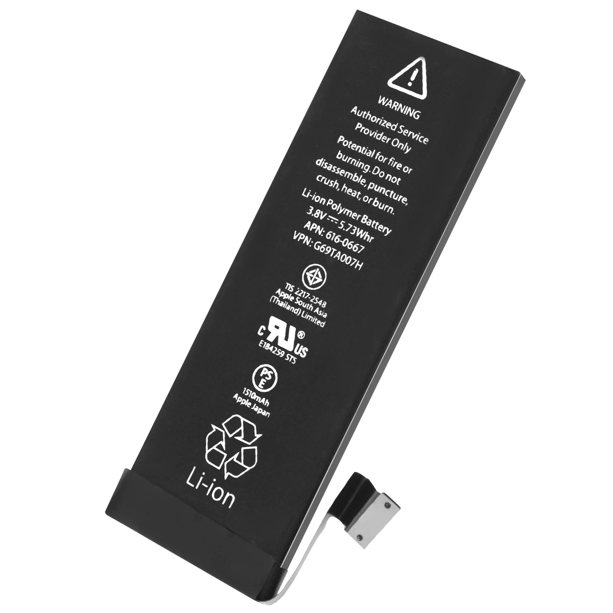 Batteria nera Li-ion con avvisi e specifiche Apple. Include connettore.