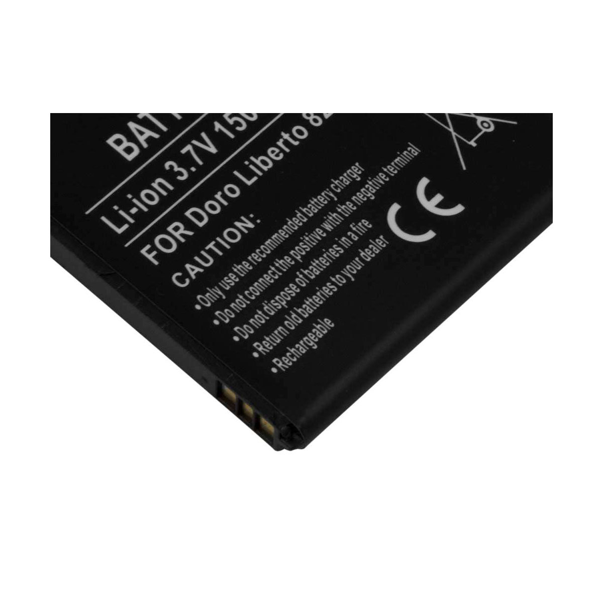 Batería negra para Doro Liberto 8 con texto de precaución y marca CE.