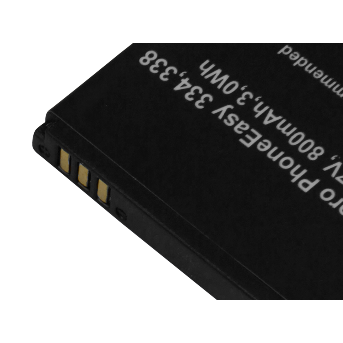 Batteria nera con contatti dorati e scritta: 3.7V, 800mAh, 3.0Wh
