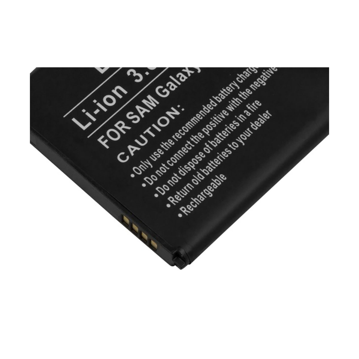 Batteria nera per Samsung Galaxy con avvertenze e istruzioni di ricarica.