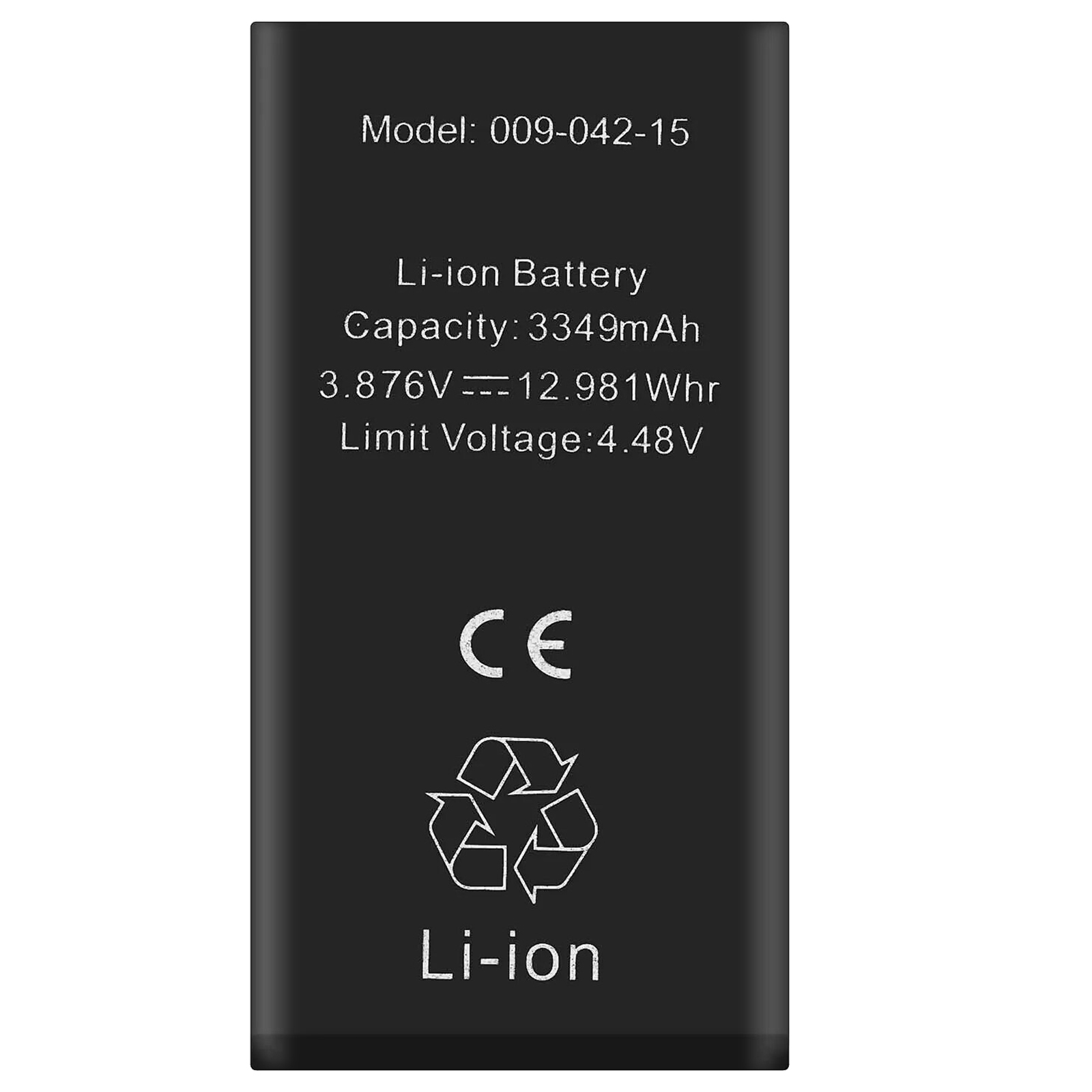 Batteria Li-ion nera con numero di modello e specifiche tecniche.