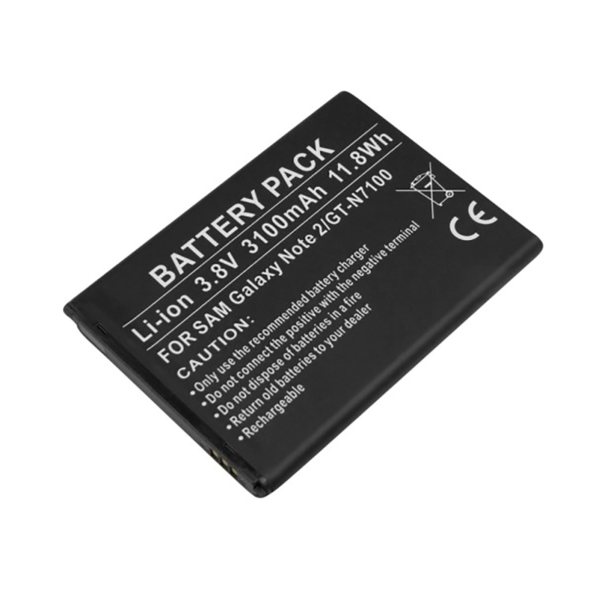 Batteria nera per Samsung Galaxy Note 2 con testo e marchio CE.