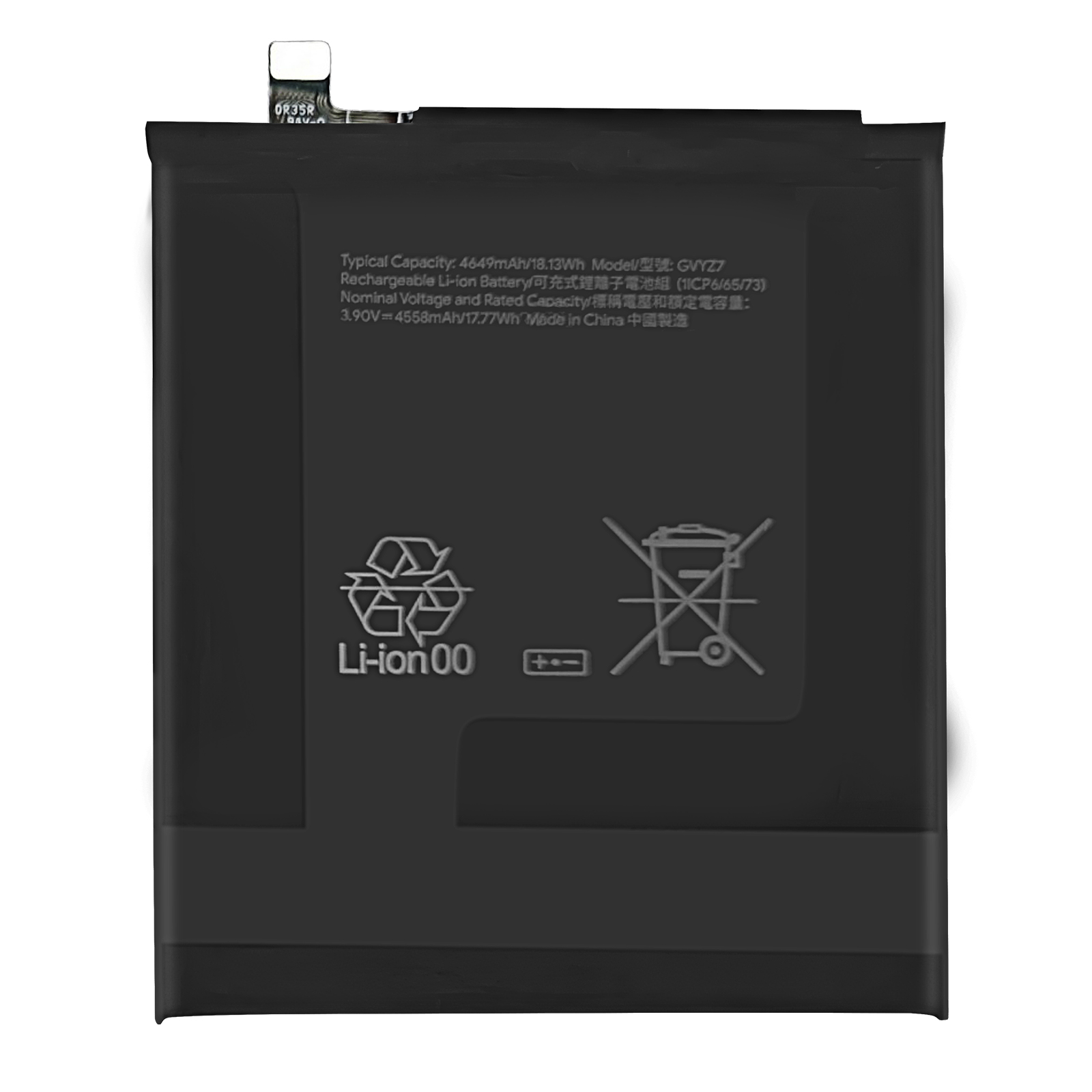 Batería negra de iones de litio con texto y símbolos blancos.