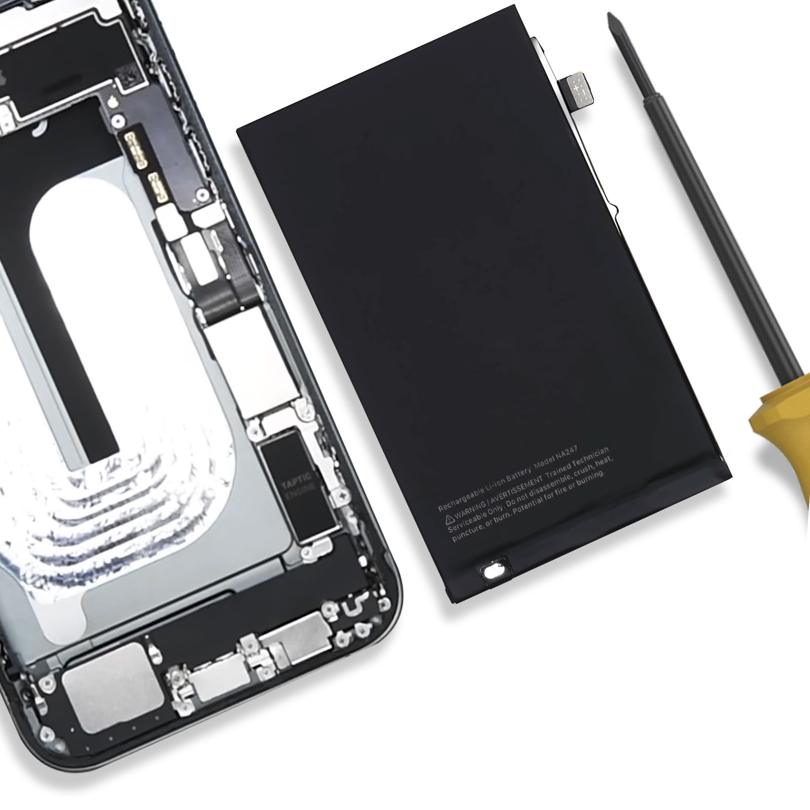 Un marco de smartphone con batería expuesta y un destornillador.