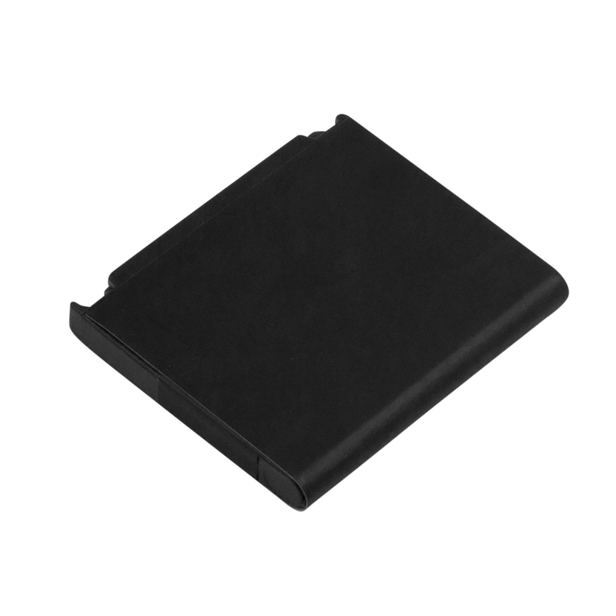 Objeto negro, rectangular con bordes redondeados sobre fondo blanco.
