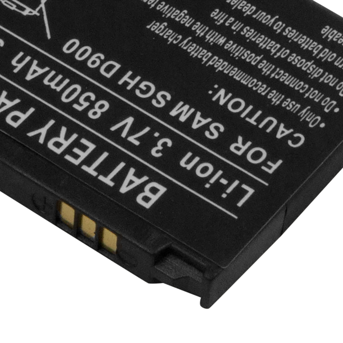 Batería negra con texto: Li-ion 3.7V 850mAh para Samsung SGH D900.