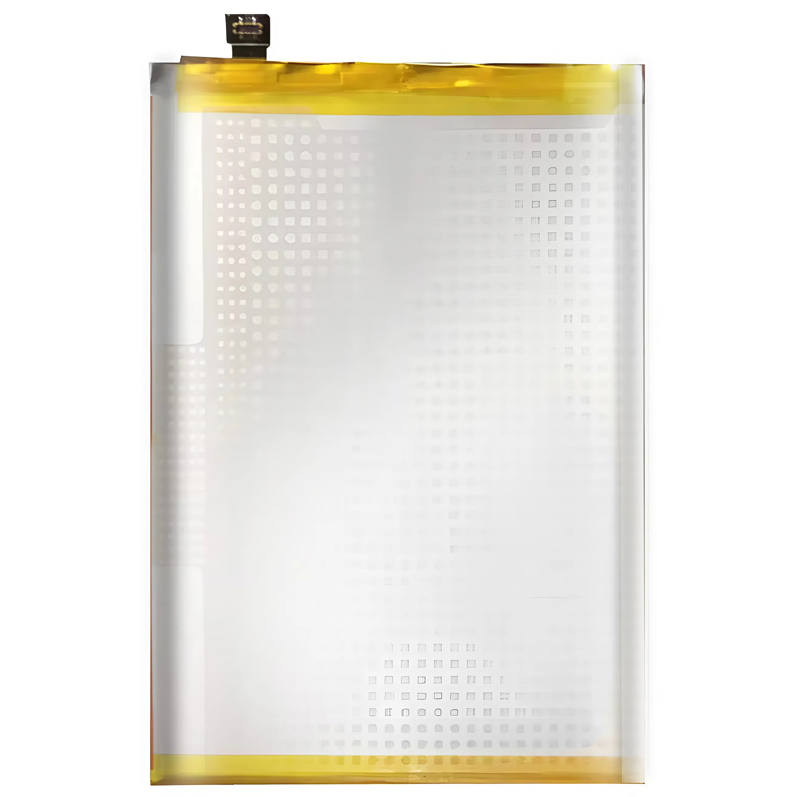 Una batería delgada y rectangular con borde superior e inferior amarillo y conector negro.