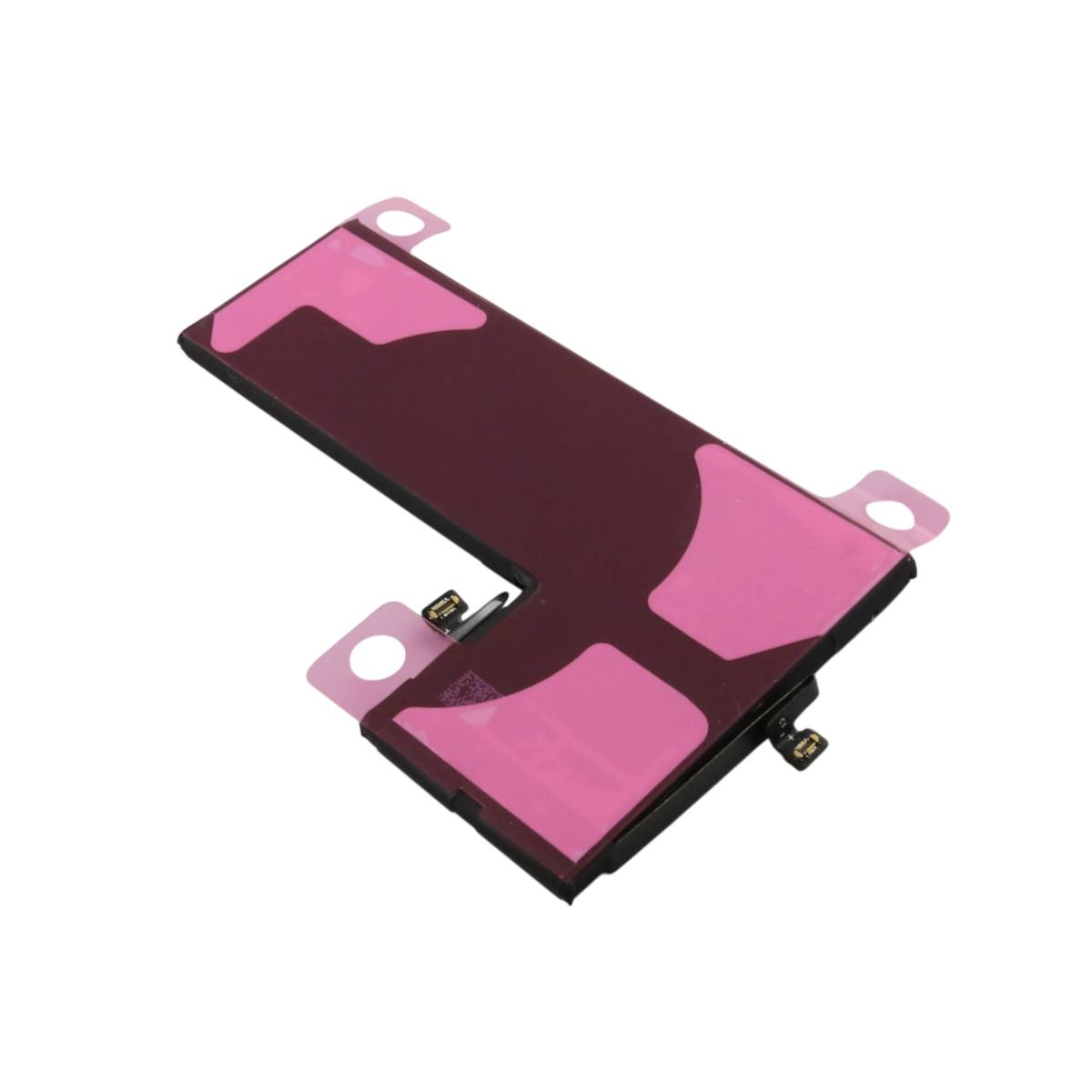 Un oggetto rettangolare scuro con strisce adesive rosa e un piccolo connettore.