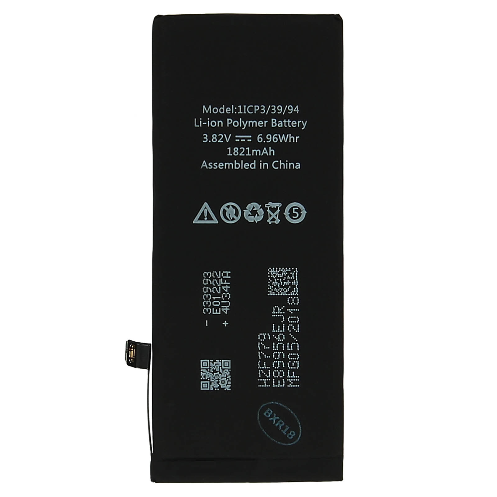 Batteria nera con numero di modello, capacità e simboli.